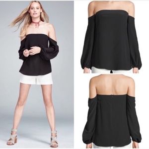 THEORY {8} Black Top NWT Off-the-Shoulder Silk Laureema Mosaic